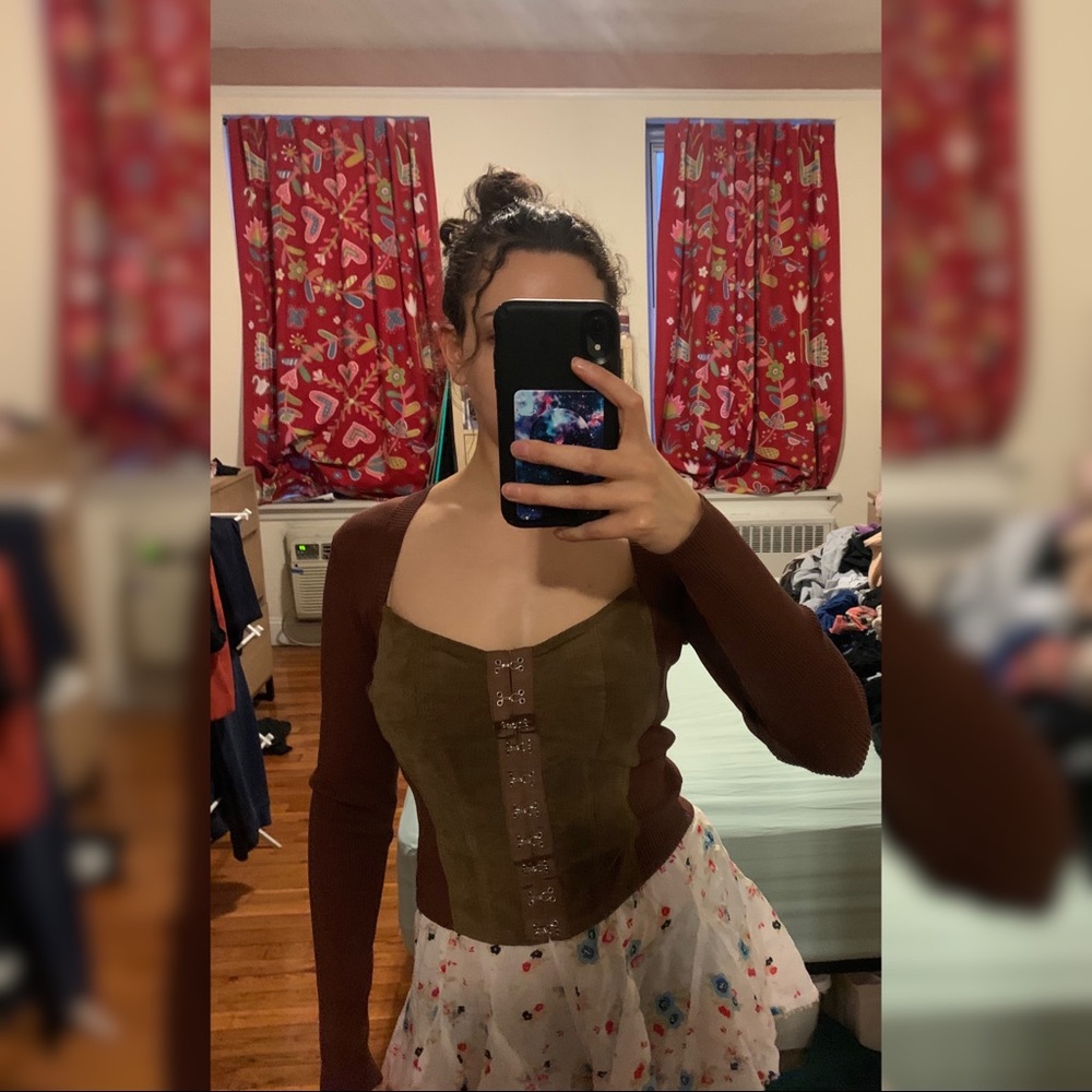 Brown corset style sweater with suede front
